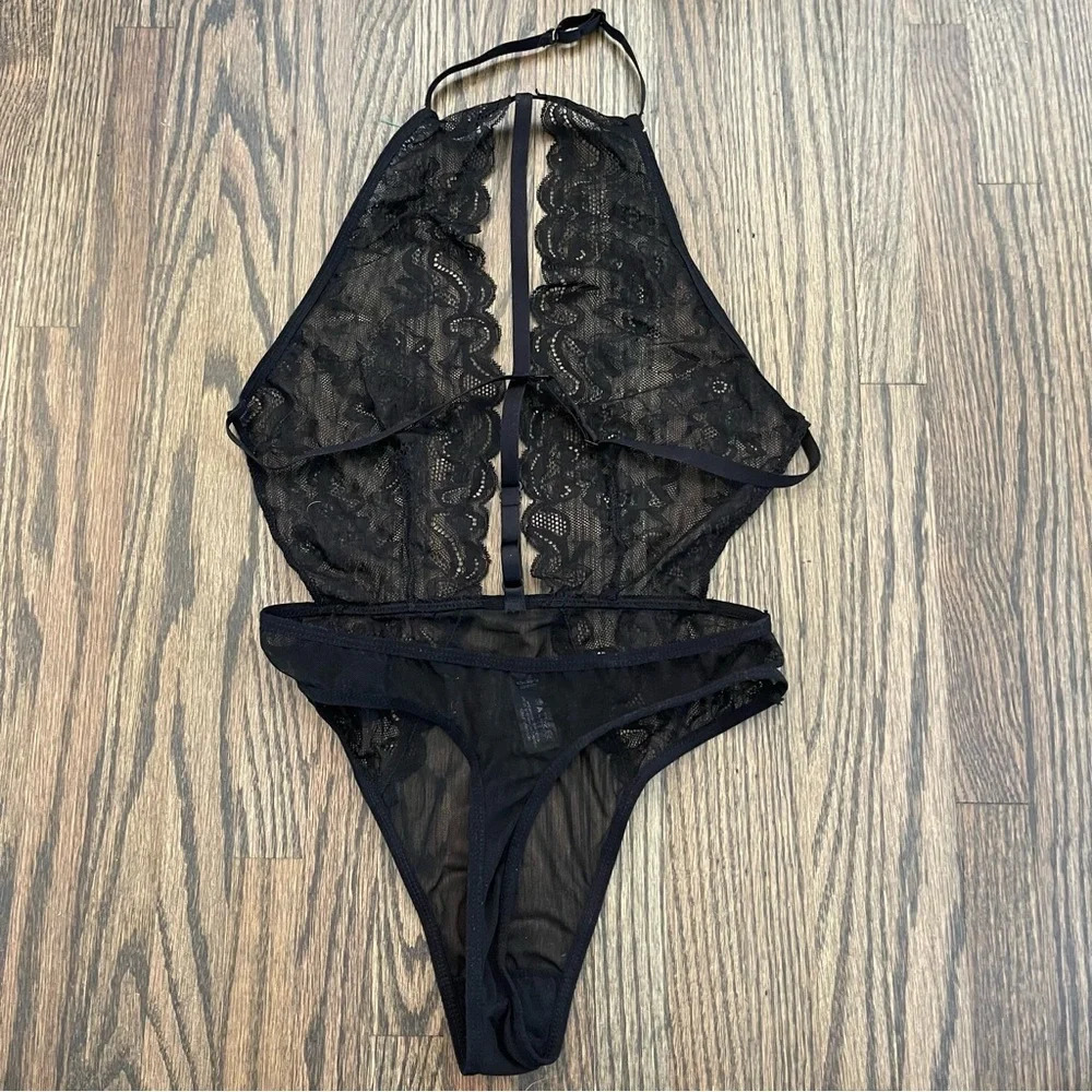 Rene Rofe black lace unlined high neck bodysuit size S/M - Picture 4 of 7